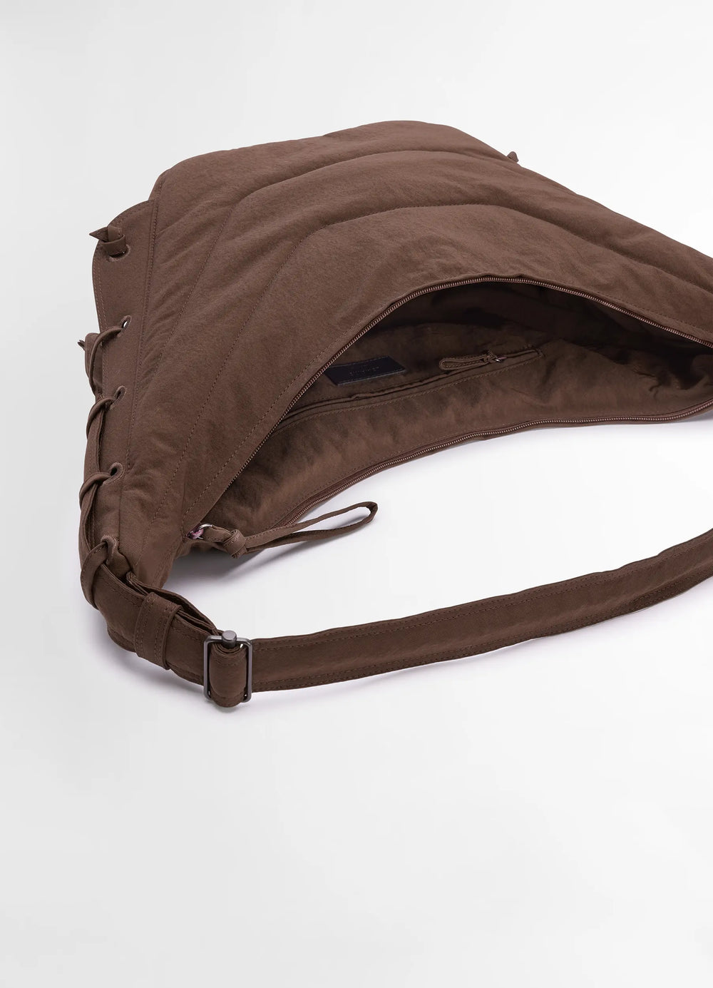 Medium Soft Game Bag in Fluffy-Nylon Canvas, product shot, top open view lace-up side detail