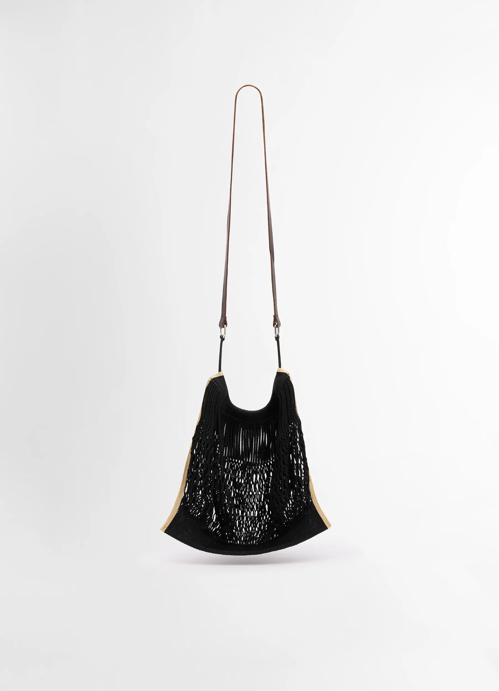 Large crossbody filt net bag in dark chocolate leather nylon, product shot, side view hanging strap detail