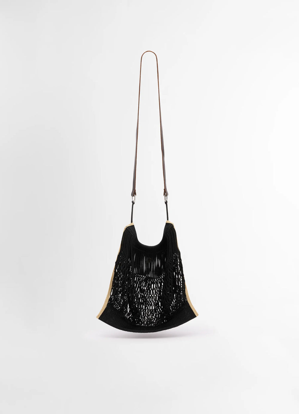 Large Crossbody Filt Net Bag in Dark Chocolate Leather Nylon, product shot, side view hanging strap detail