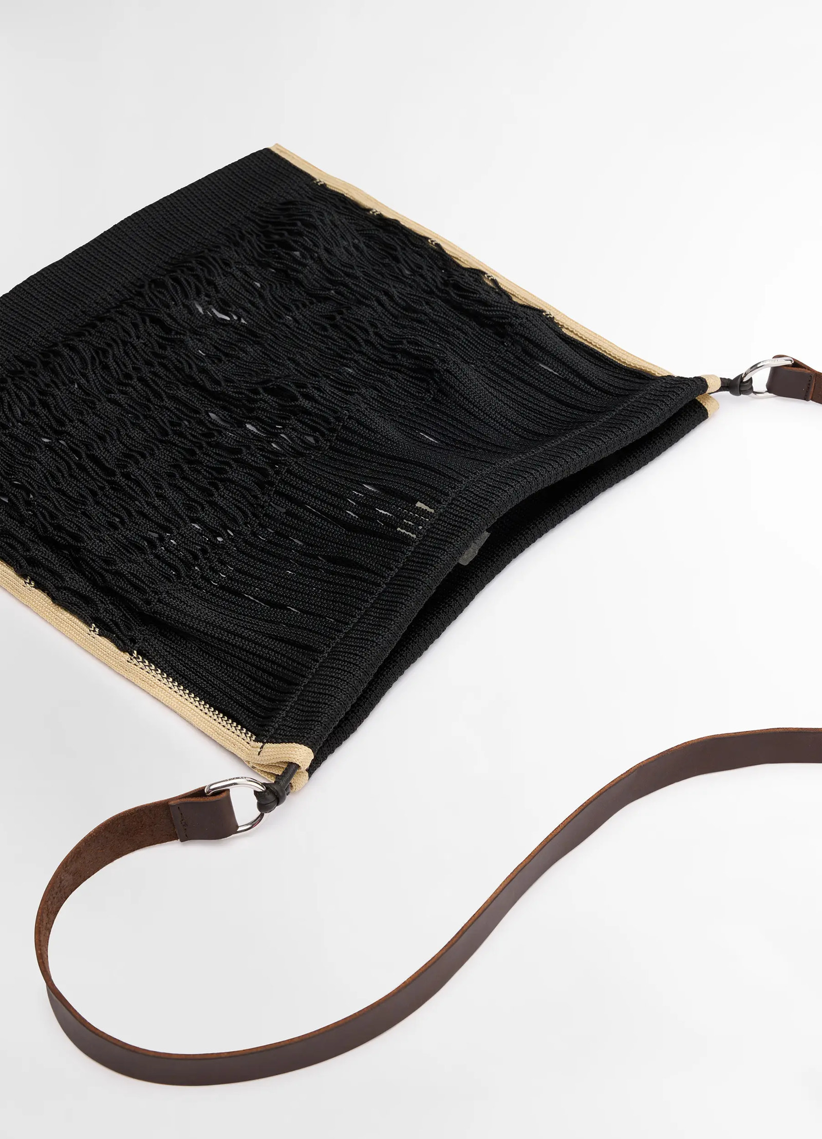 Large crossbody filt net bag in dark chocolate leather nylon, product shot, top detail shot open netted pattern