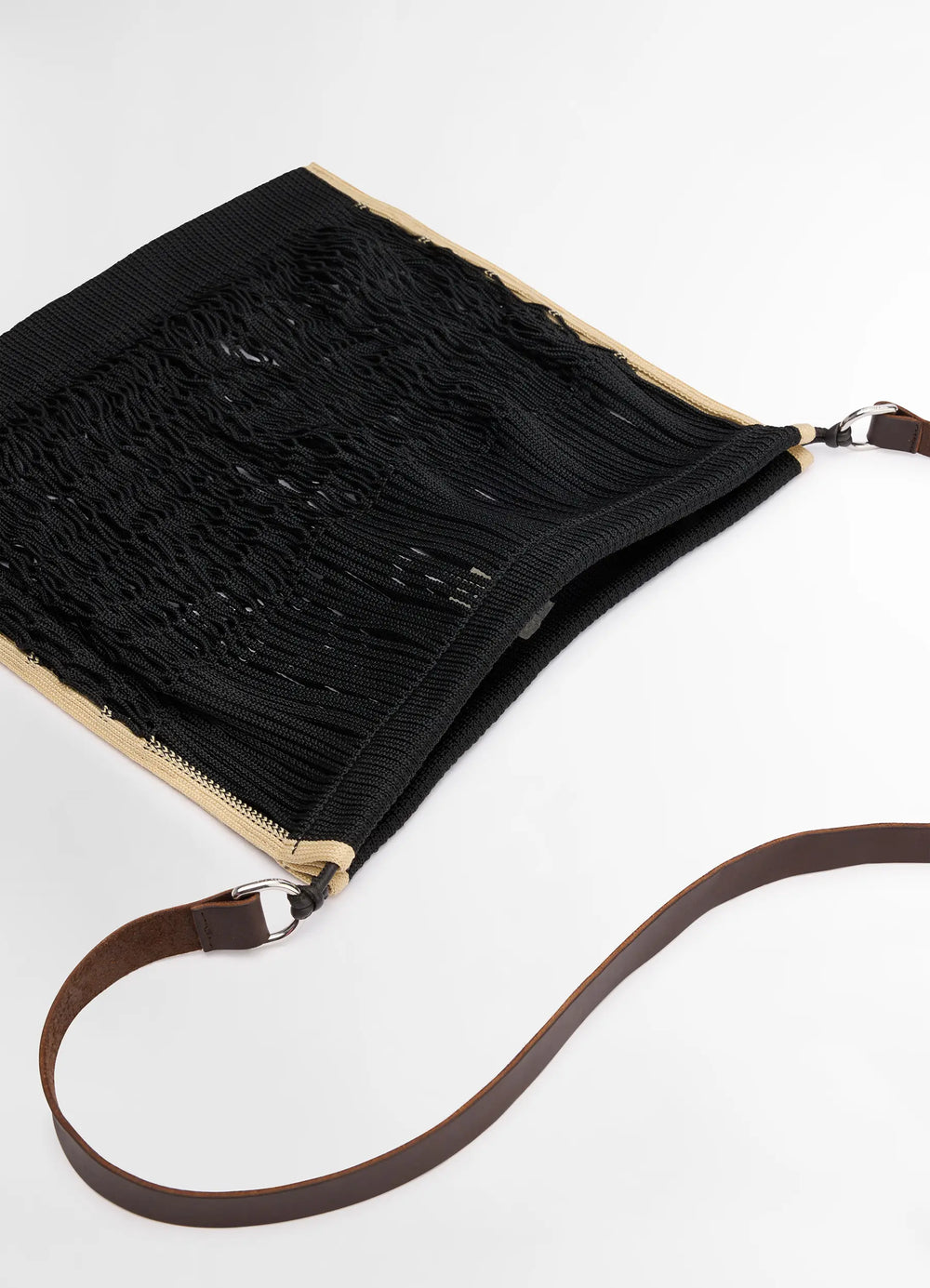 Large Crossbody Filt Net Bag in Dark Chocolate Leather Nylon, product shot, top detail shot open netted pattern