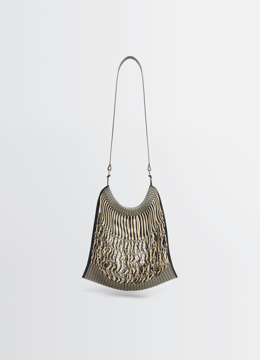 Lemaire Large Crossbody Filt Net Ba in Nylon Mesh and Leather, product shot, front view hanging straight