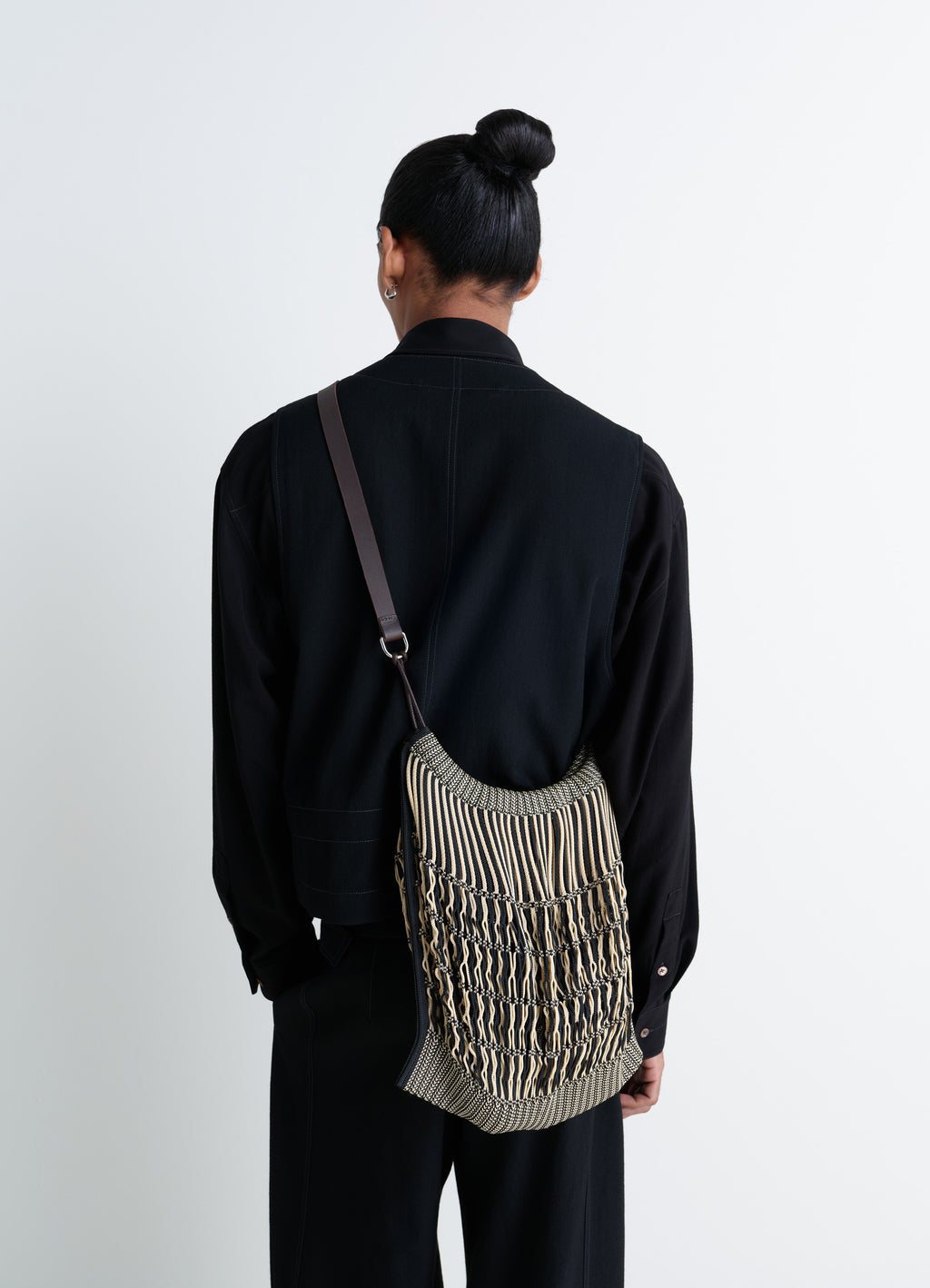 Lemaire Large Crossbody Filt Net Ba in Nylon Mesh and Leather, model shot, side view crossbody worn