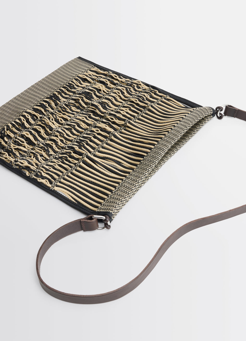 Lemaire Large Crossbody Filt Net Ba in Nylon Mesh and Leather, product shot, top view with strap deta woven texture and fring