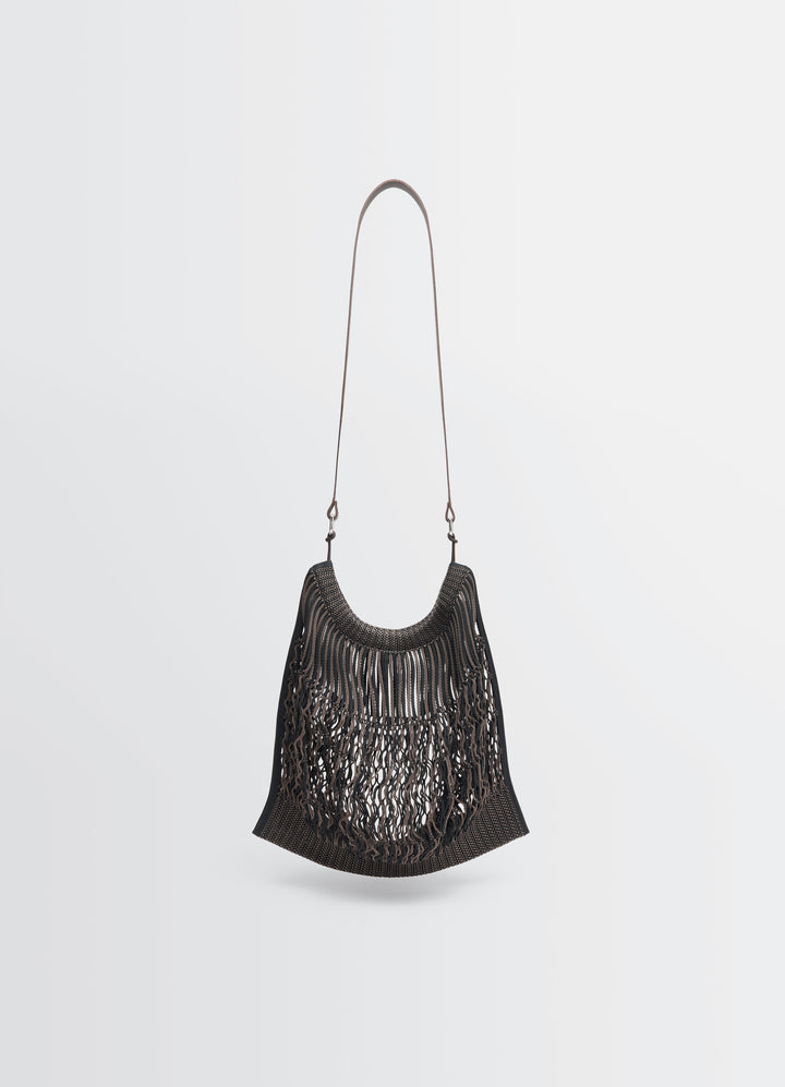 Lemaire Large Crossbody Filt Net Sh in Nylon mesh, vegetable-tanned leathe, product shot, front view detail hanging strap det