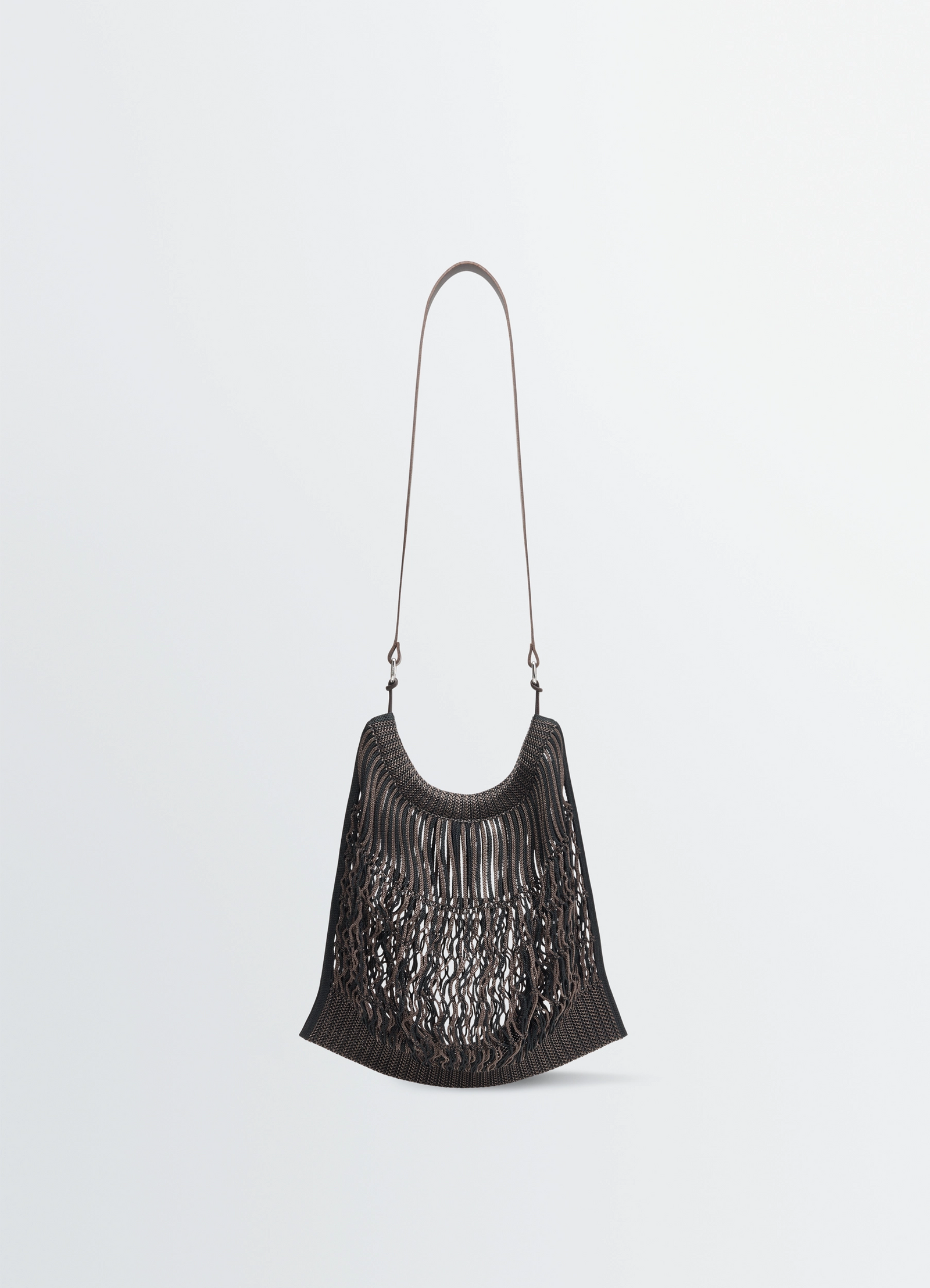 Lemaire large crossbody filt net in black nylon mesh, leather, product shot, front view net shopping bag