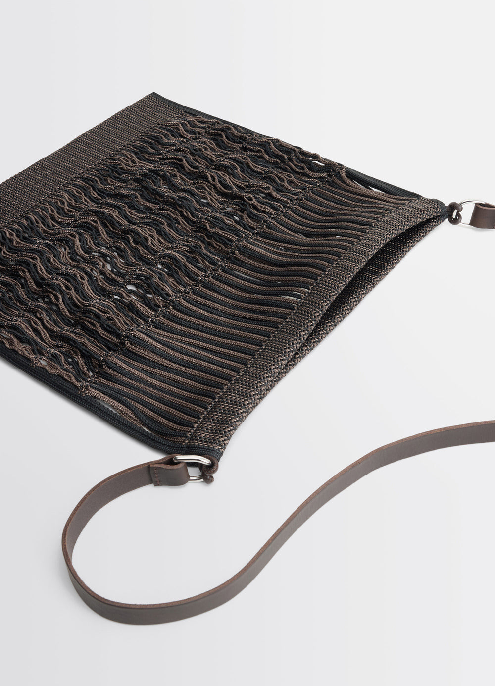 Lemaire Large Crossbody Filt Net Sh in Nylon mesh, vegetable-tanned leathe, product shot, top angled view woven texture detai