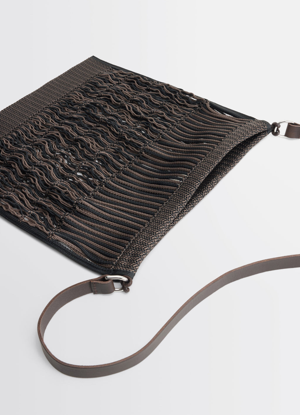 Lemaire Large Crossbody Filt Net Sh in Nylon mesh, vegetable-tanned leathe, product shot, top angled view woven texture detai