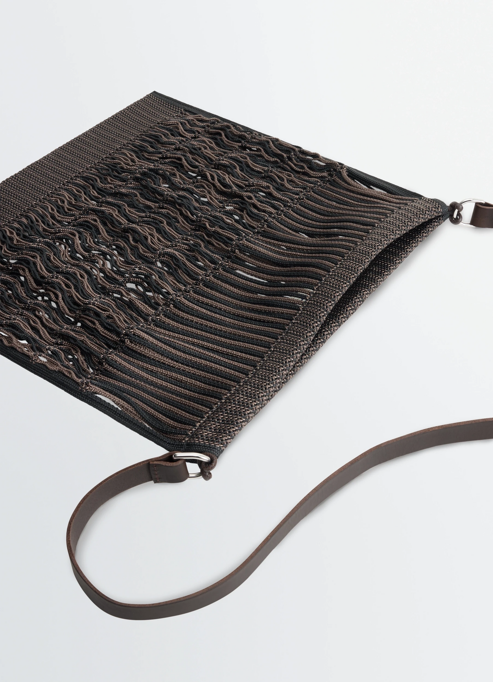 Lemaire large crossbody filt net in black nylon mesh, leather, product shot, top angle detail view woven texture, leather str