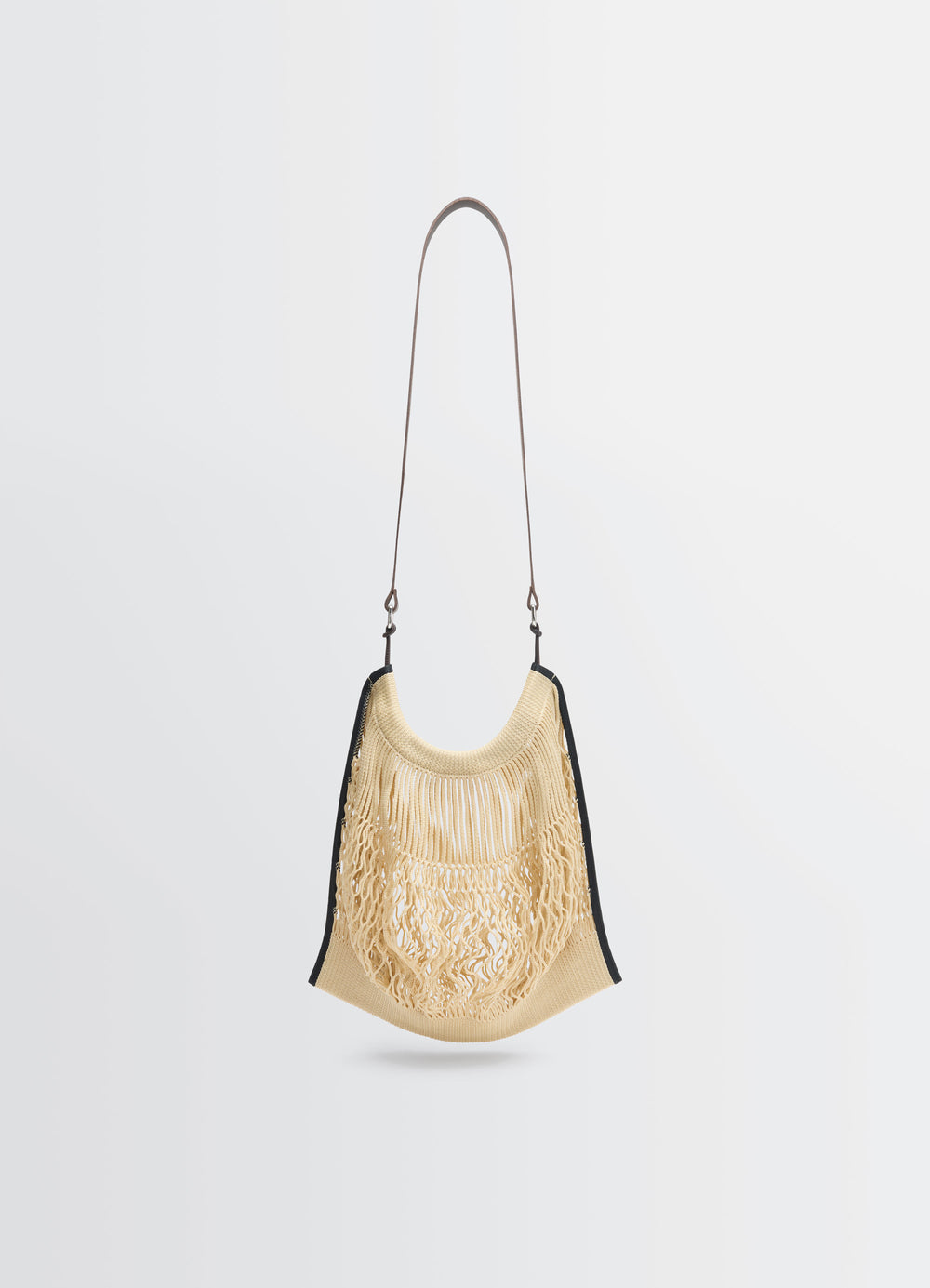 Lemaire Large Crossbody Filt Net Sh in Nylon mesh and vegetable-tanned lea, product shot, front view hanging strap focus