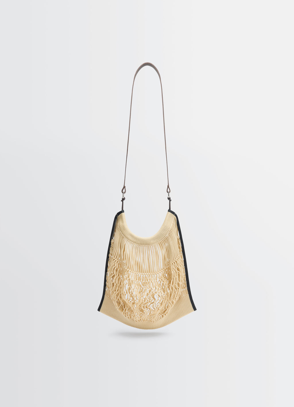 Lemaire Large Crossbody Filt Net Sh in Nylon mesh and vegetable-tanned lea, product shot, front view hanging strap focus