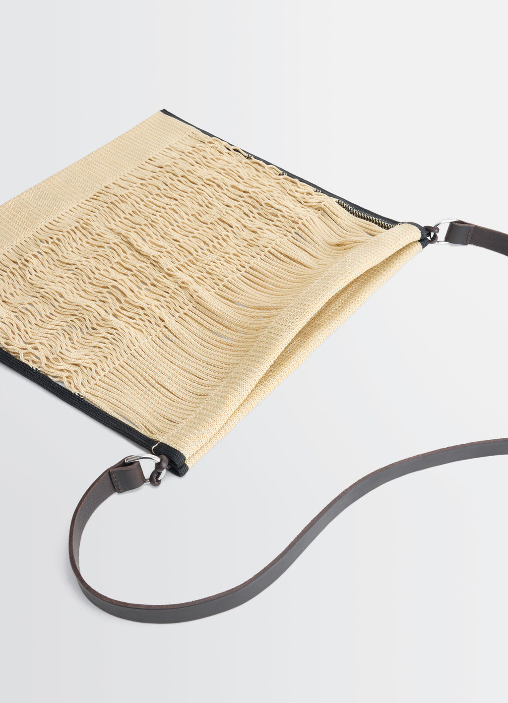 Lemaire Large Crossbody Filt Net Sh in Nylon mesh and vegetable-tanned lea, product shot, top angle detail  fringe texture fo
