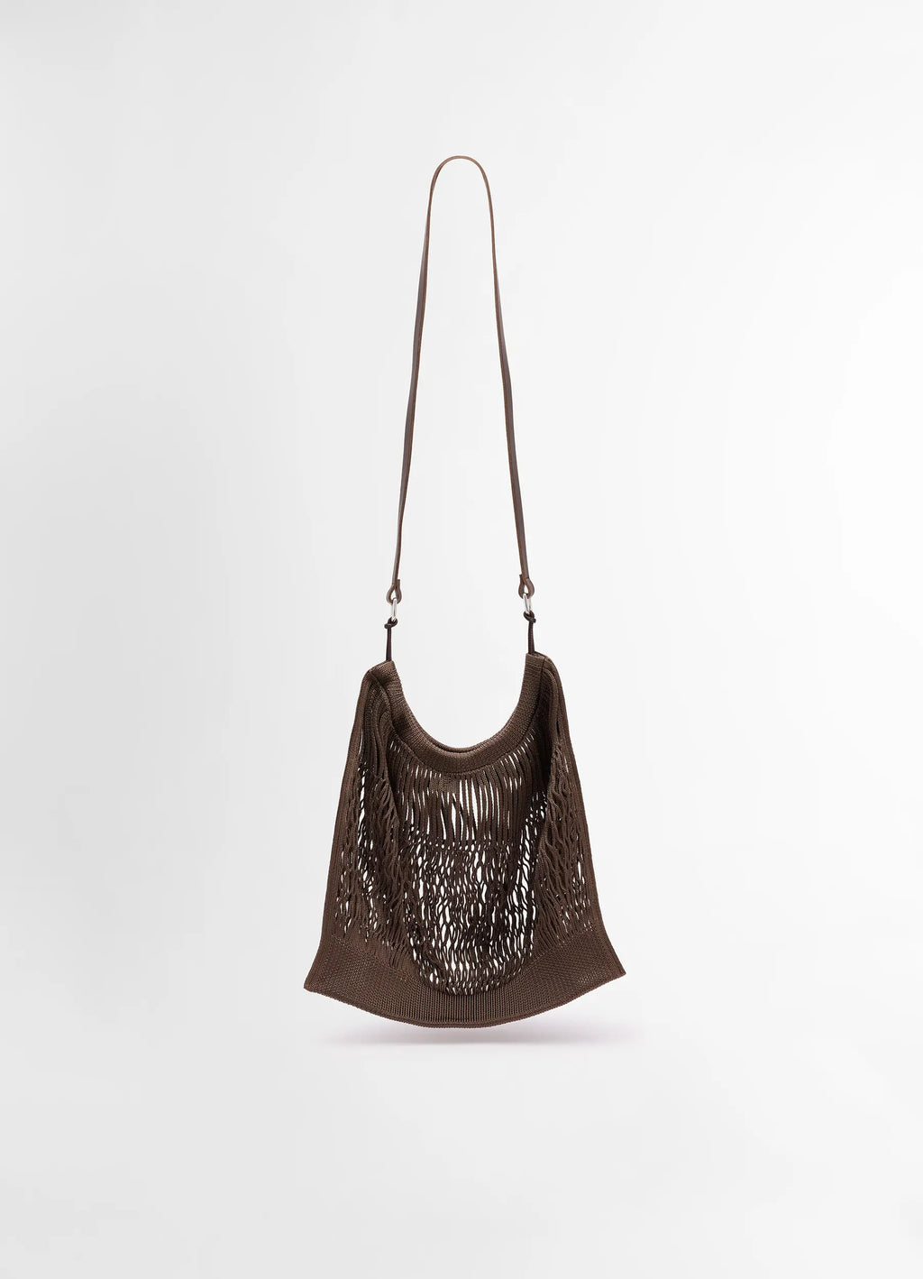 Lemaire Large Crossbody Filt Net Ba in Dark Chocolate, Nylon, Leather, product shot, side view hanging open net style