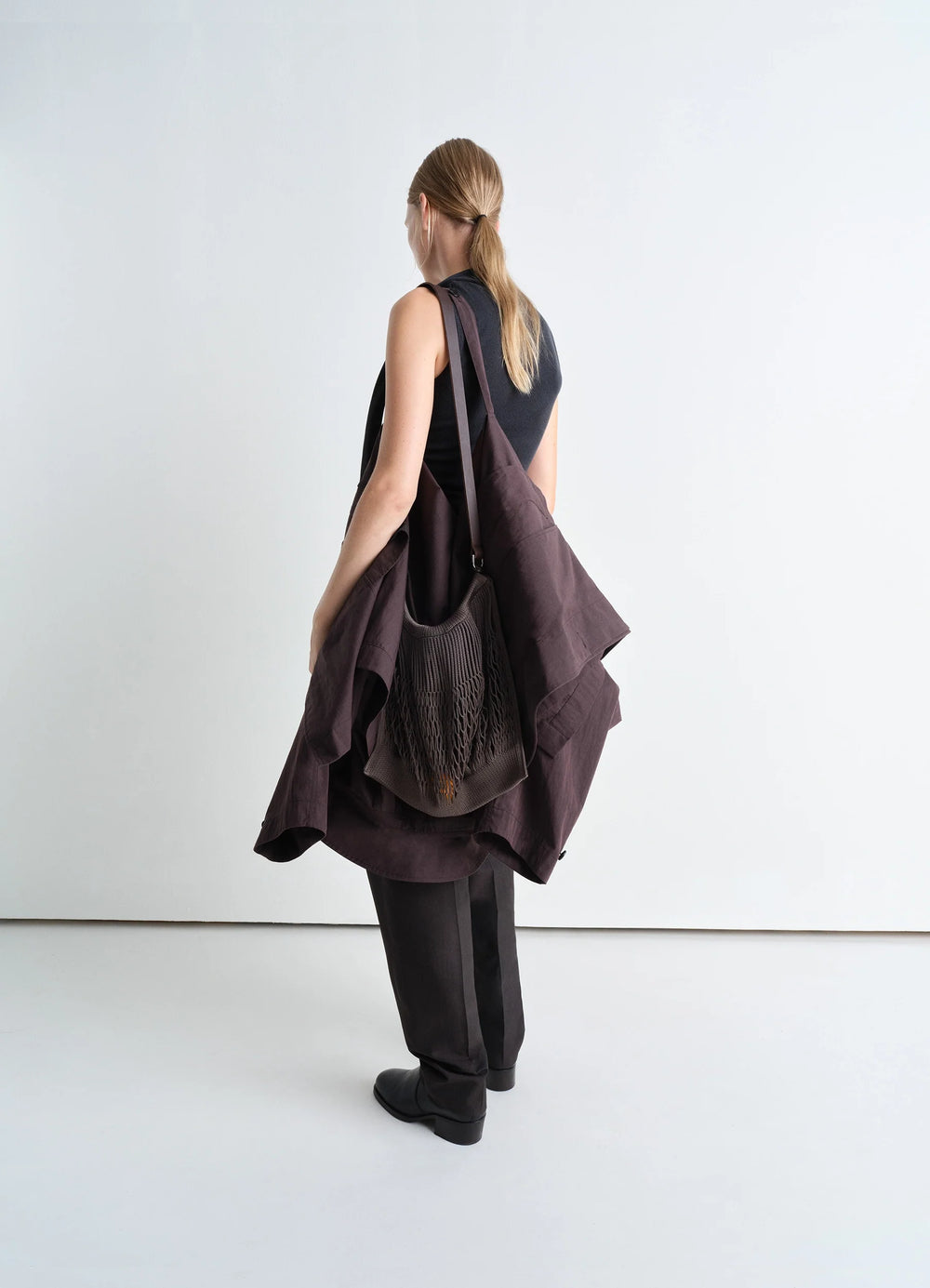 Lemaire Large Crossbody Filt Net Ba in Dark Chocolate, Nylon, Leather, model shot, Back view Crossbody, worn