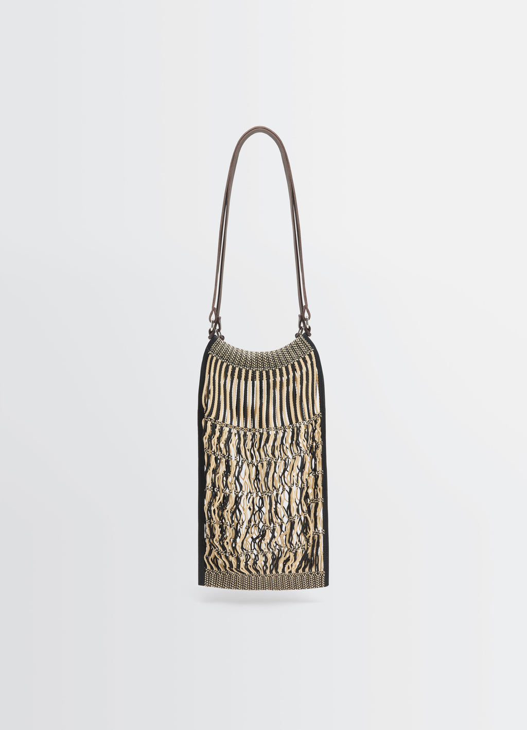 MEDIUM FILT NET SHOPPING BAG in nylon mesh vegetable-tanned leather, product shot, front view striped mesh detail