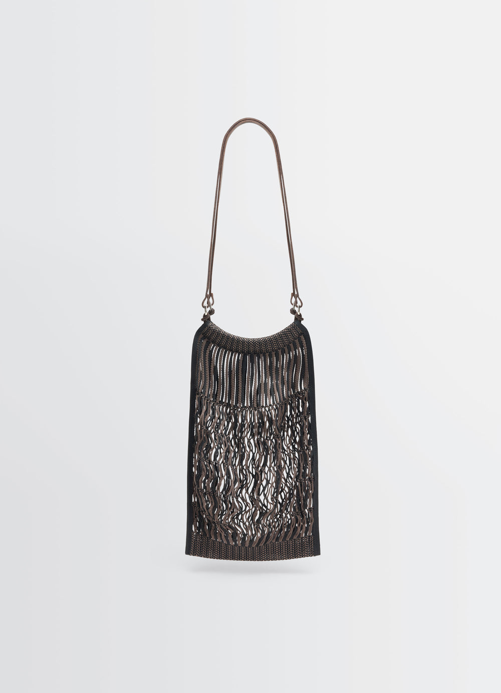 Lemaire Filt Net Shopping Bag in Nylon mesh, leather, product shot, front view long handle design