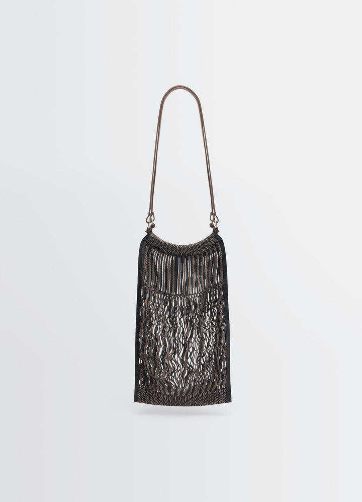 Lemaire Filt Net Shopping Bag in Nylon mesh, leather, product shot, front view long handle design