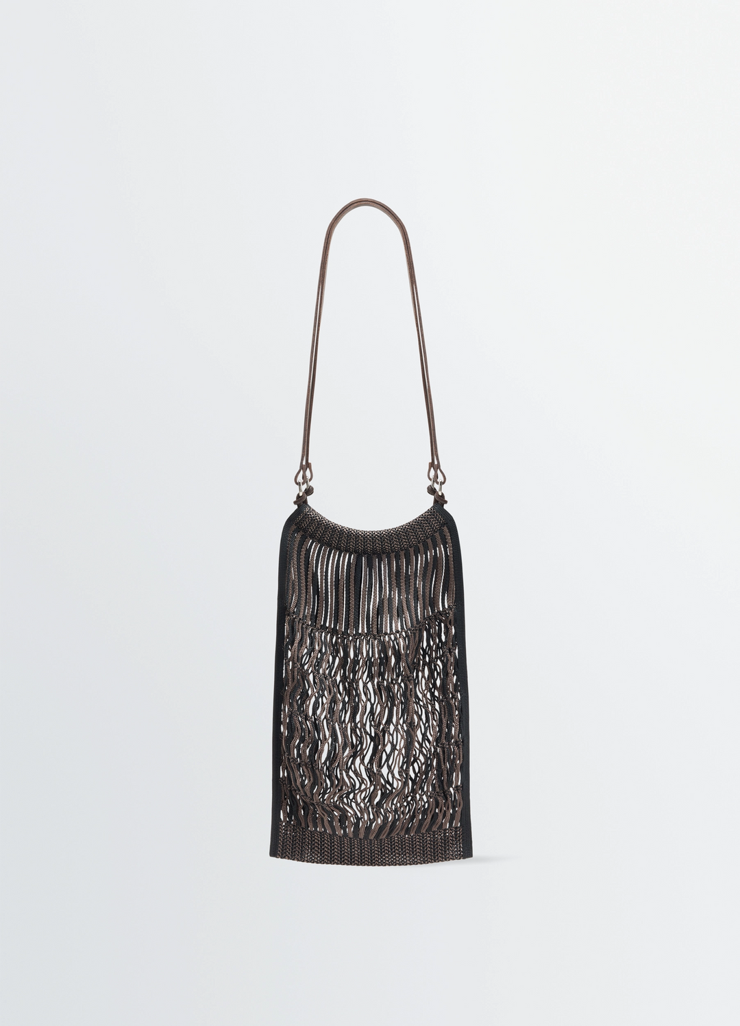 MEDIUM FILT NET SHOPPING BAG in nylon mesh and vegetable-tanned lea, product shot, front view medium size with leather strap