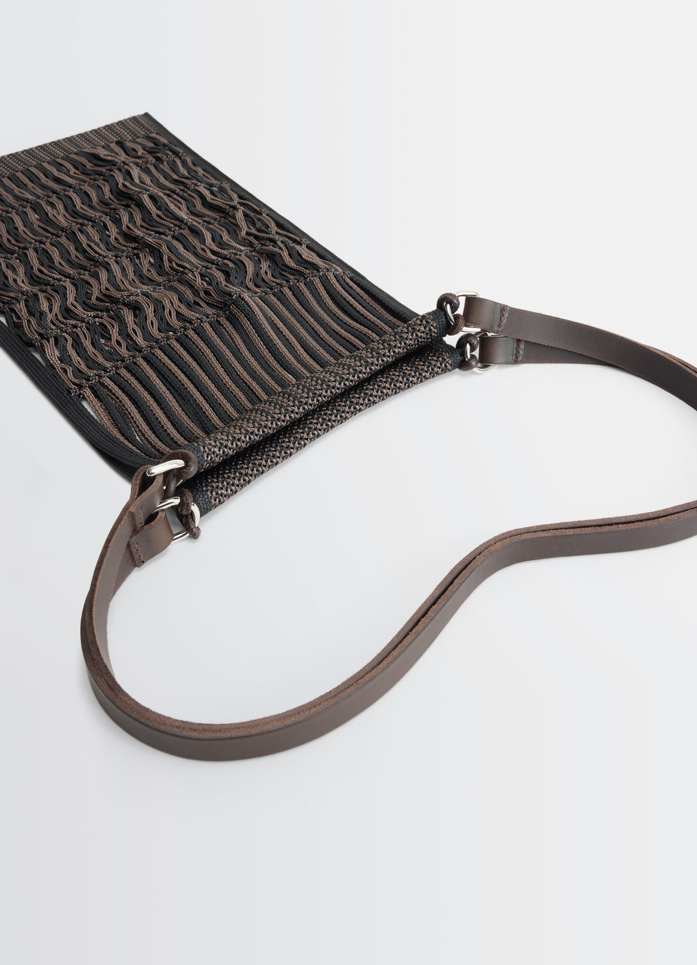 Lemaire Filt Net Shopping Bag in Nylon mesh, leather, product shot, flat lay view woven leather strap detail