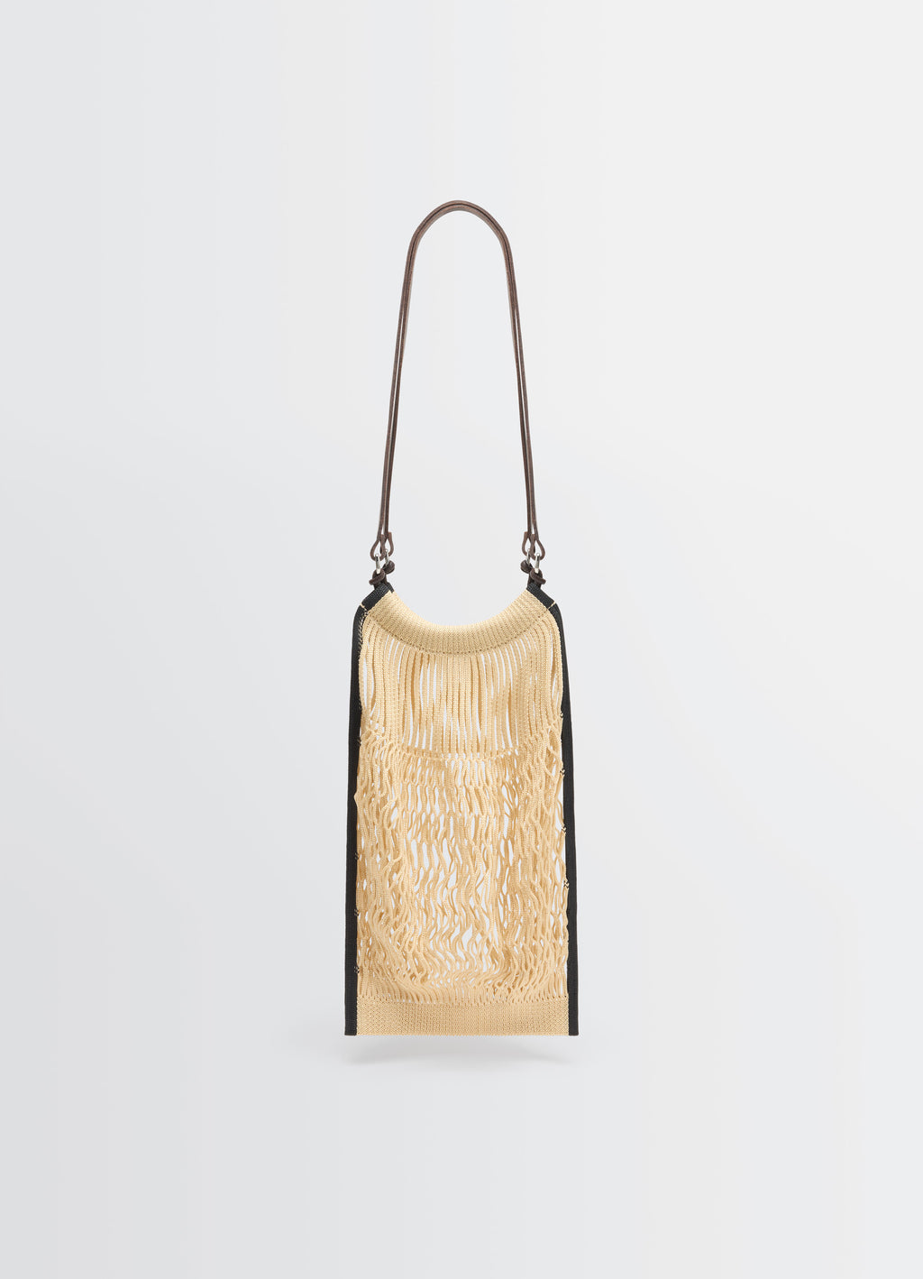 Medium Filt Net Shopping Bag in Nylon Mesh and Leather, product shot, front view long handle detail
