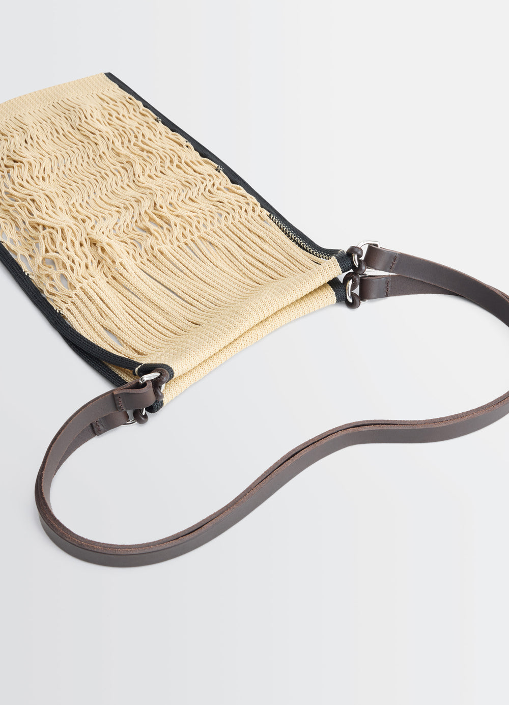 Medium Filt Net Shopping Bag in Nylon Mesh and Leather, product shot, top view detail woven texture focus