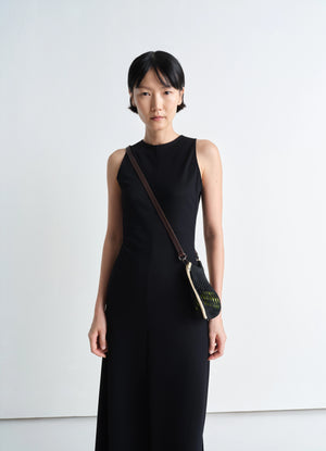 Mini Crossbody Filt Net Bag in Dark chocolate leather, nylon, model shot, Front view Crossbody worn over black dress