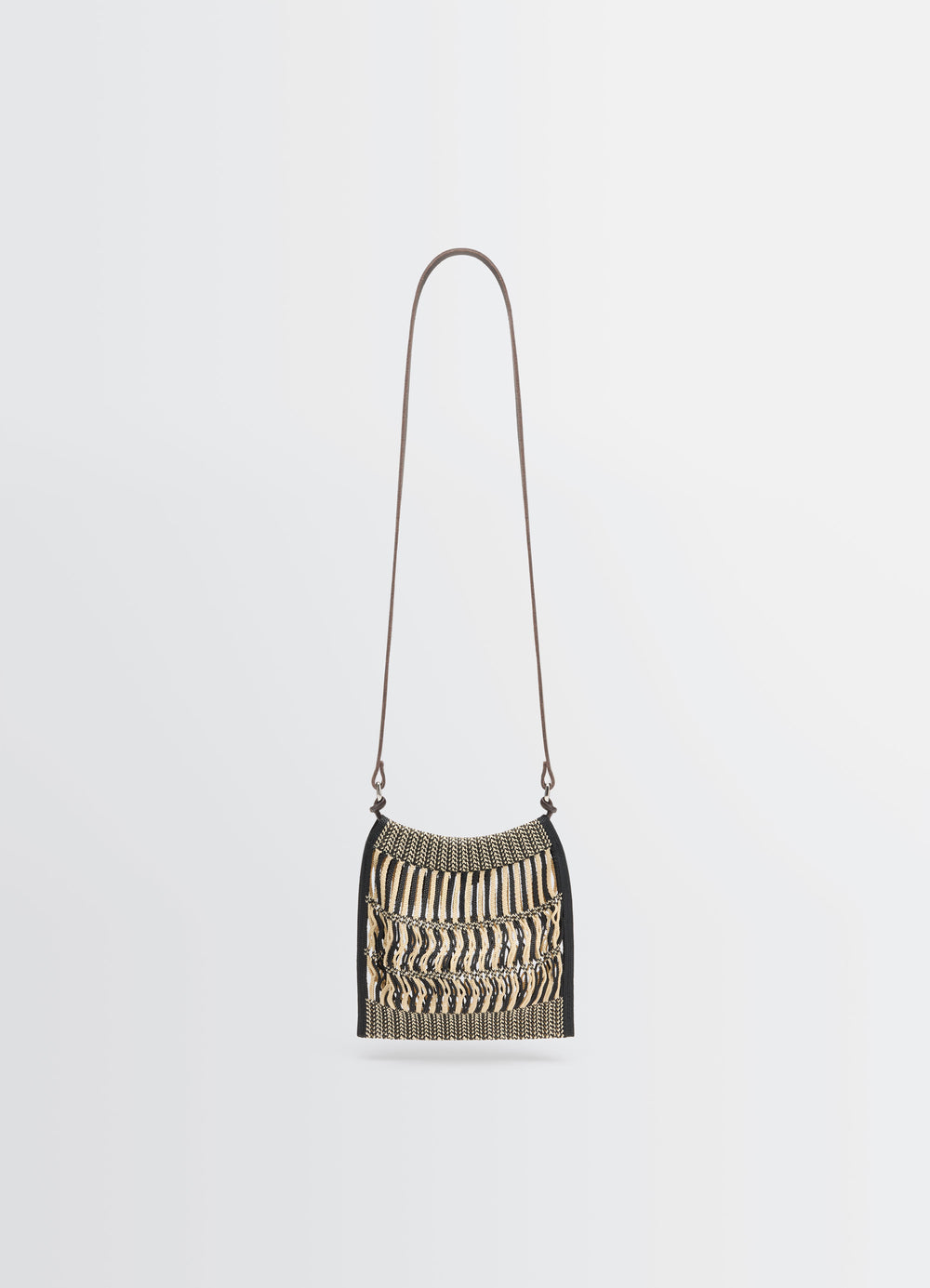 MINI CROSSBODY FILT NET BAG in nylon mesh, vegetable-tanned leathe, product shot, front view hanging straight