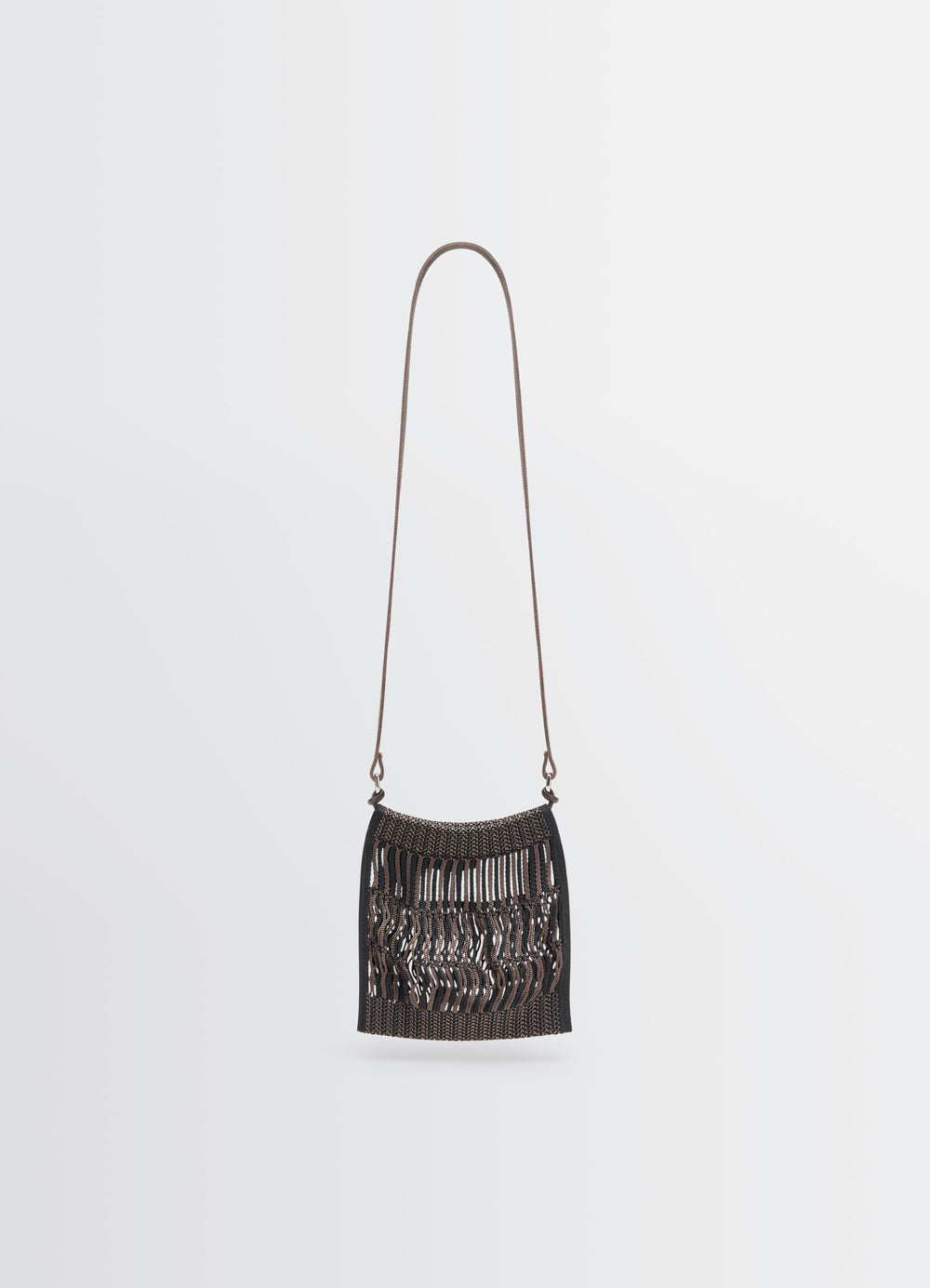 Lemaire MINI CROSSBODY FILT NET BAG in Nylon mesh, vegetable-tanned leathe, product shot, front view long strap