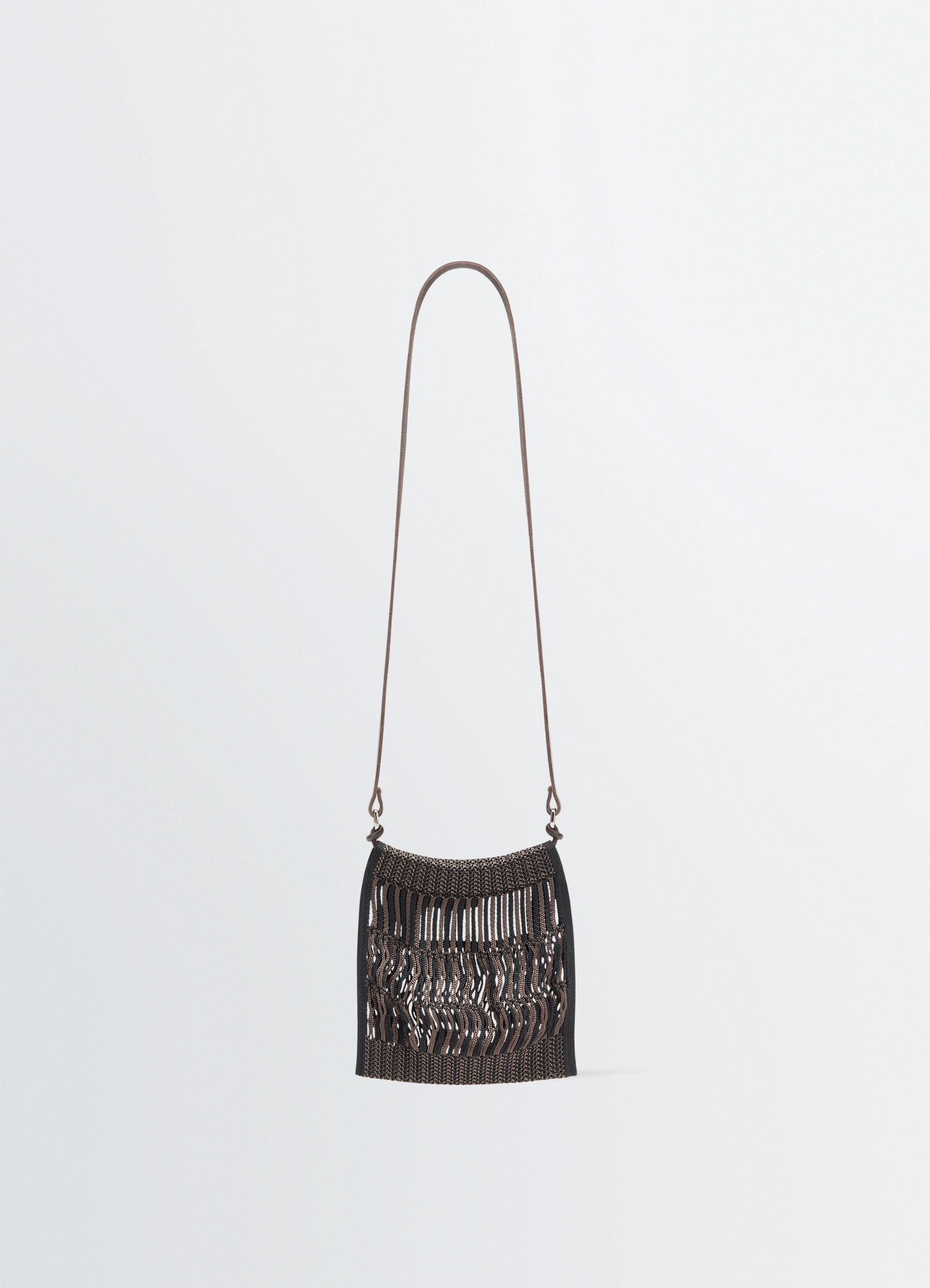 Lemaire mini crossbody filt net bag in nylon mesh with leather strap, product shot, front view woven net design