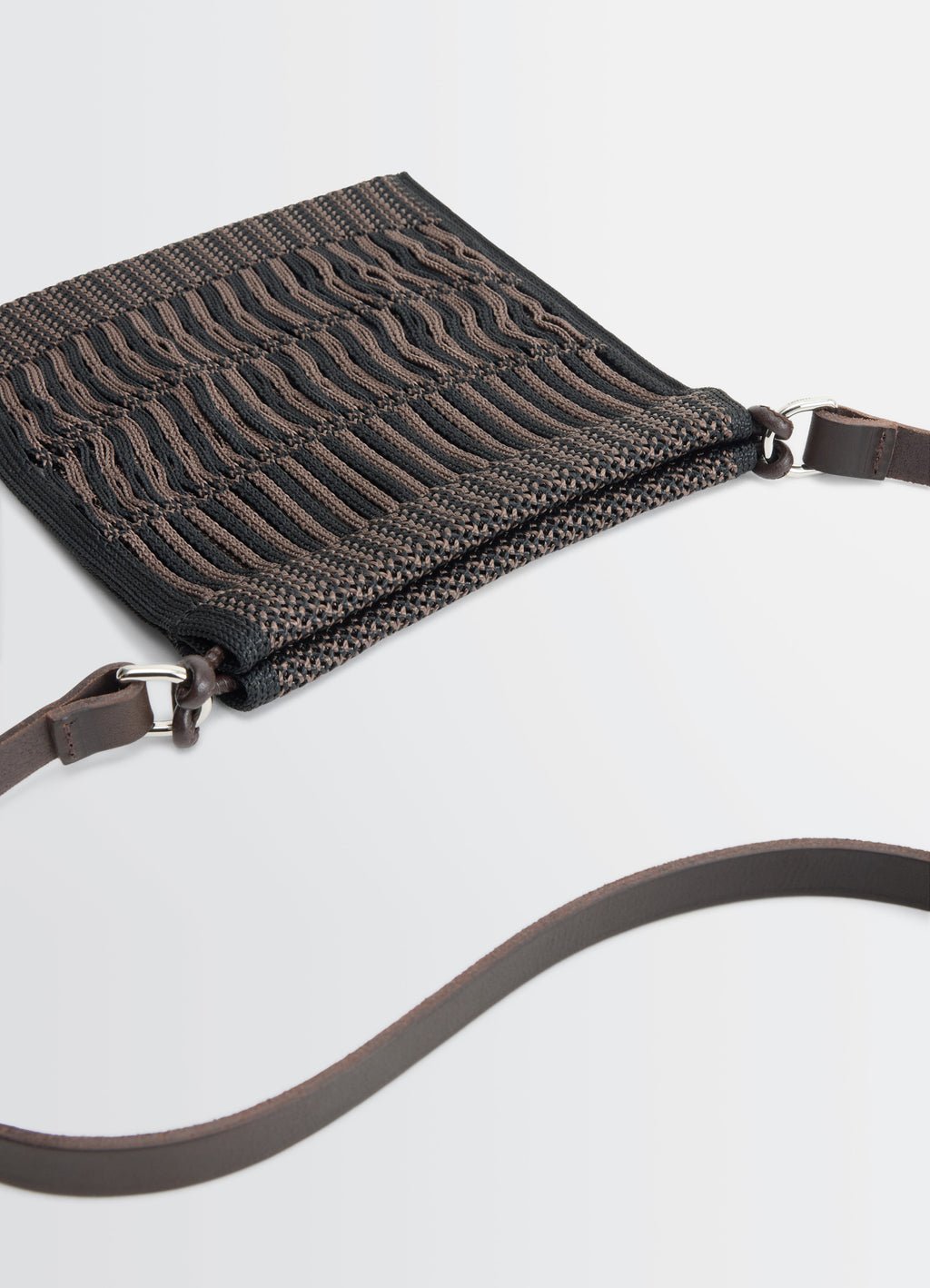 Lemaire MINI CROSSBODY FILT NET BAG in Nylon mesh, vegetable-tanned leathe, product shot, top detail view textured knit patte