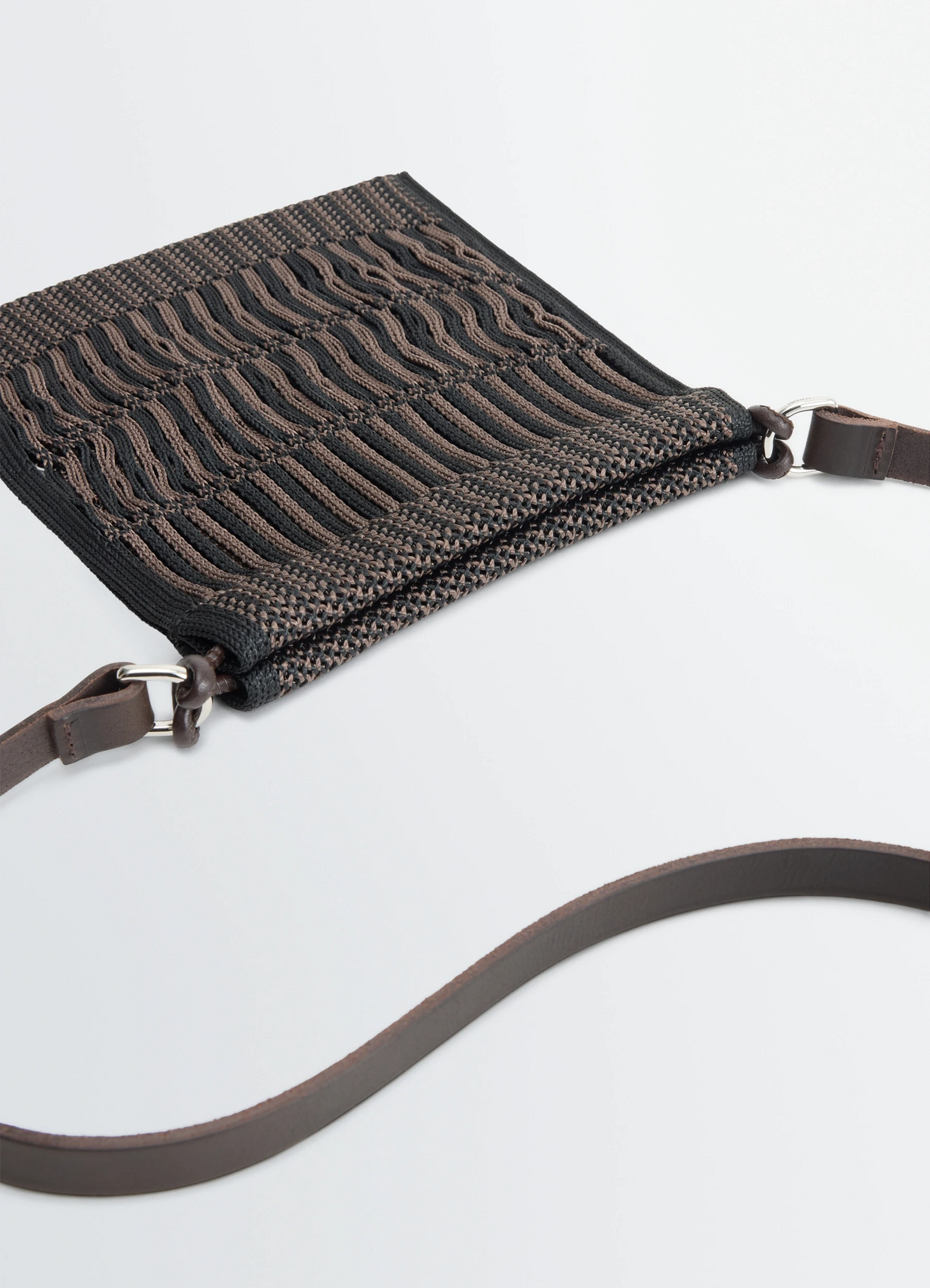 Lemaire mini crossbody filt net bag in nylon mesh with leather strap, product shot, angled detail shot contrasting stitch pat