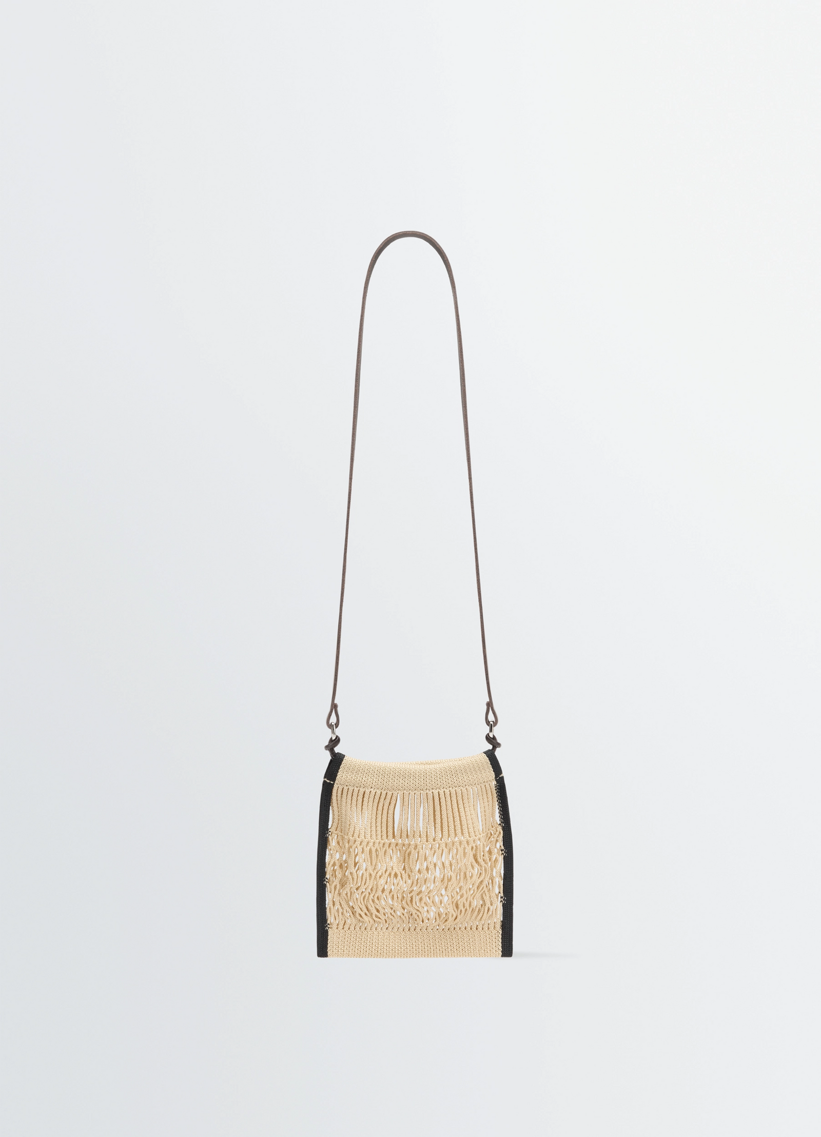 Mini crossbody filt net bag in nylon mesh, leather, product shot, front view collaboration design