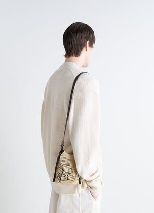 Lemaire x Filt Mini Crossbody in Nylon Mesh, Vegetable-tanned Leathe, model shot, Back view Minimalist with leather strap