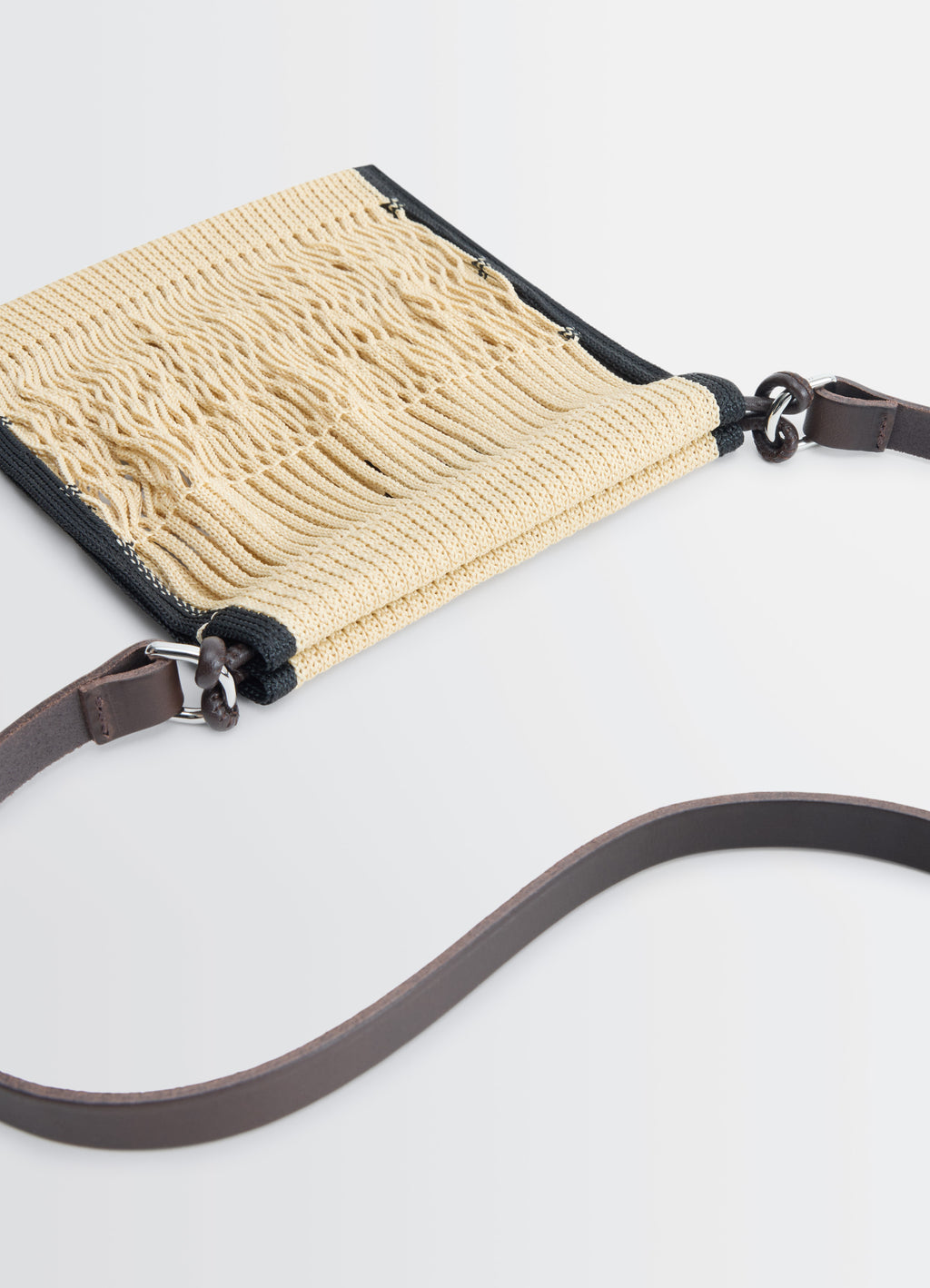 Lemaire x Filt Mini Crossbody in Nylon Mesh, Vegetable-tanned Leathe, product shot, top angle view detailed mesh fringes