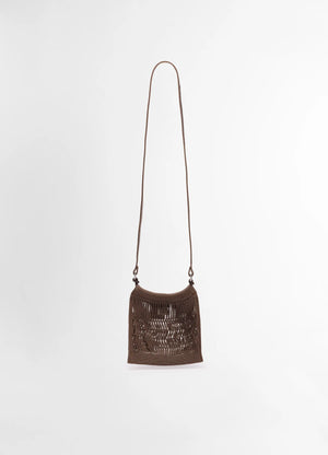 Lemaire mini crossbody filt net bag in dark chocolate nylon and leather, product shot, front view long strap detail