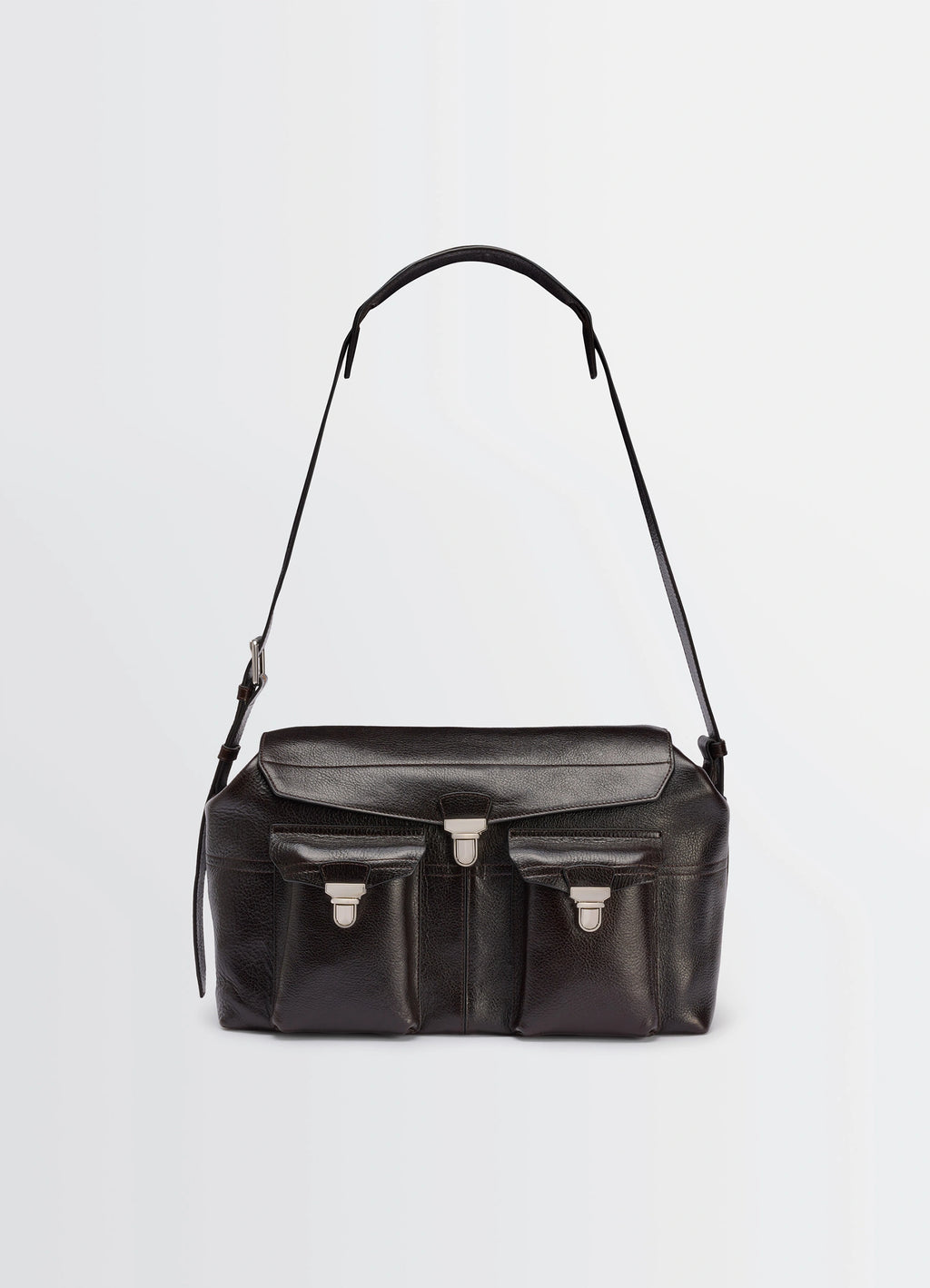 Lemaire Week-End Gear Bag in Glossy Vegetable-Tanned Leather, product shot, front view twin front pockets