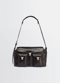 Lemaire Week-End Gear Bag in Glossy Vegetable-Tanned Leather, product shot, front view twin front pockets