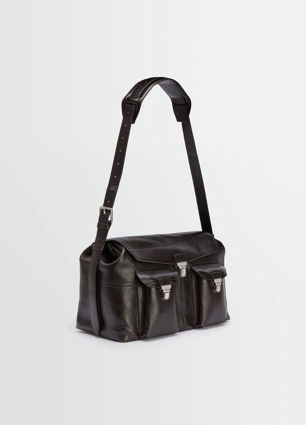 Lemaire Week-End Gear Bag in Glossy Vegetable-Tanned Leather, product shot, angled view adjustable shoulder strap