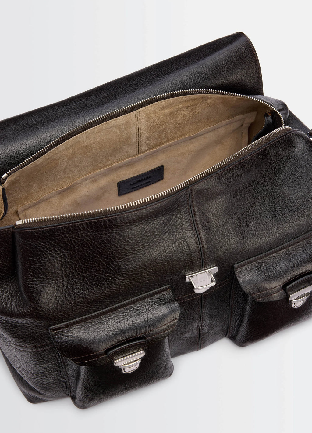 Lemaire Week-End Gear Bag in Glossy Vegetable-Tanned Leather, product shot, top view open compartment with label