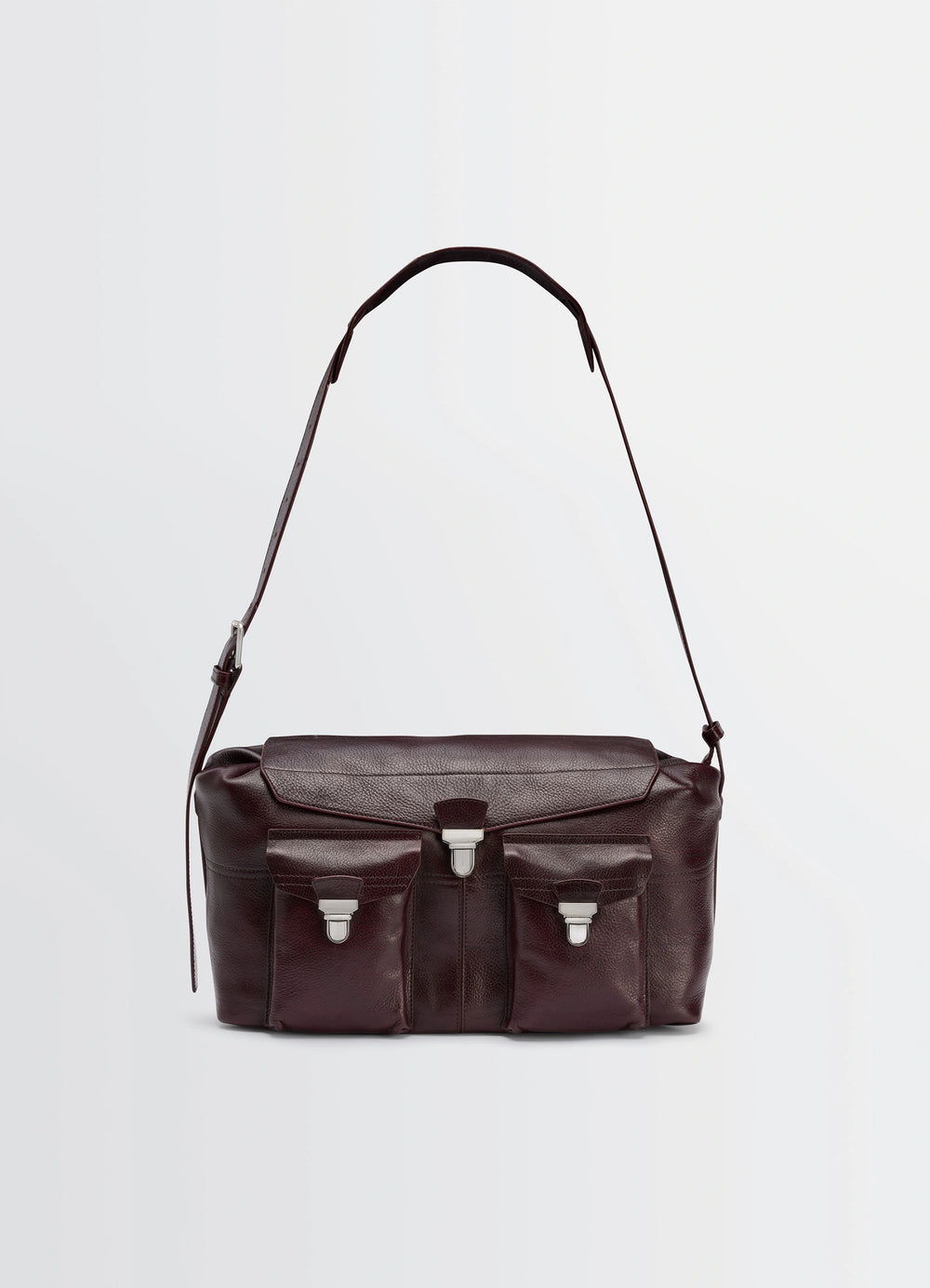 Lemaire Week-End Gear Bag in Glossy Vegetable-Tanned Leather, product shot, front view triple pocket detailing