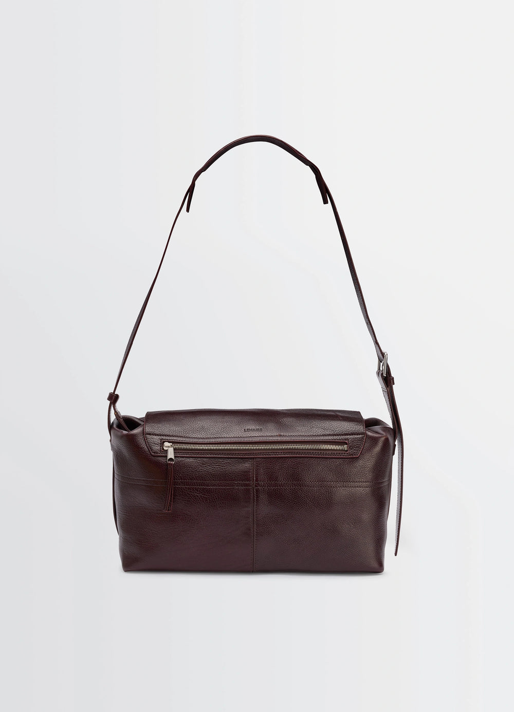 Lemaire Week-End Gear Bag in Glossy Vegetable-Tanned Leather, product shot, top front view zippered exterior pocket
