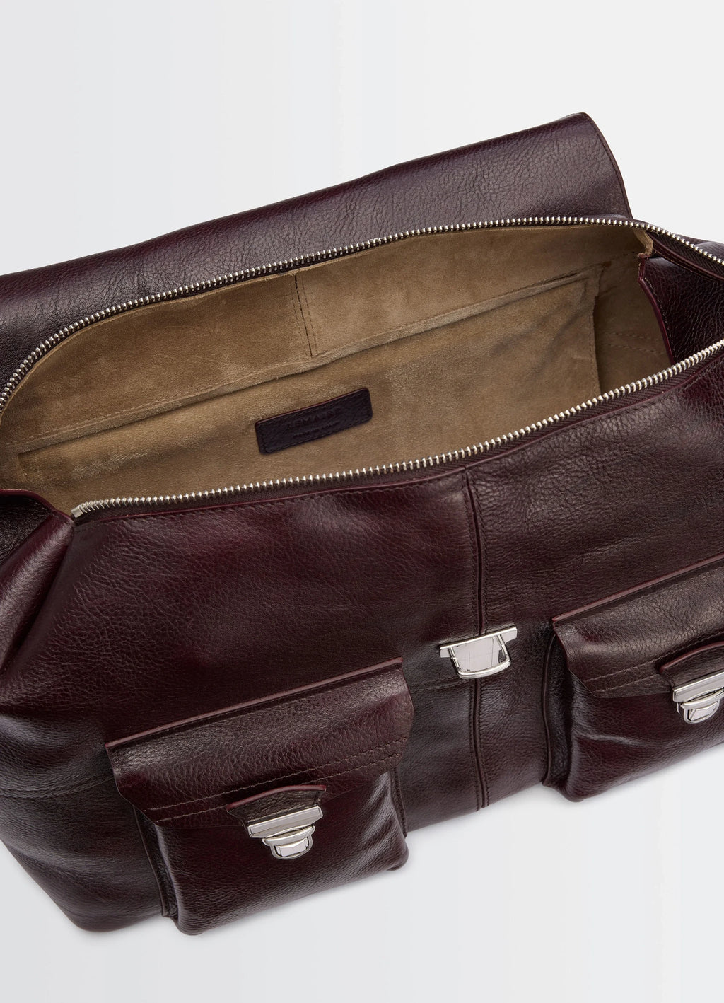Lemaire Week-End Gear Bag in Glossy Vegetable-Tanned Leather, product shot, top interior view dual interior compartments