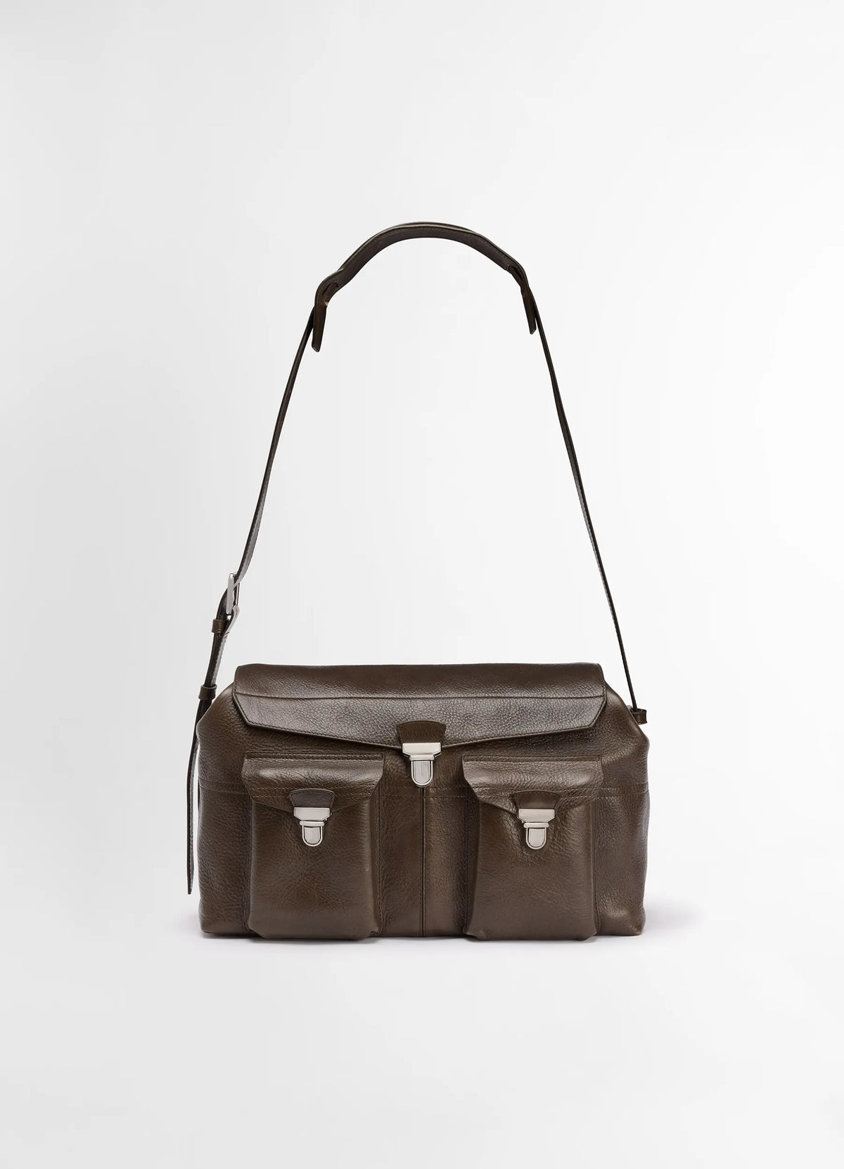 Week-end Gear Bag in Irregular Grained Leather, product shot, front view single large flap closure