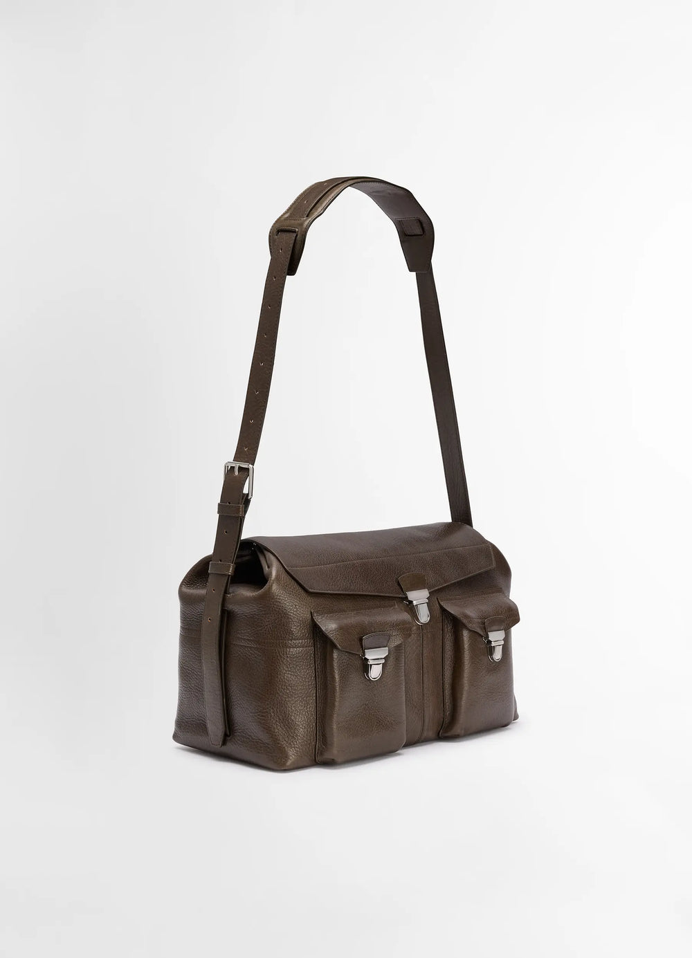 Week-end Gear Bag in Irregular Grained Leather, product shot, angled top view adjustable shoulder strap
