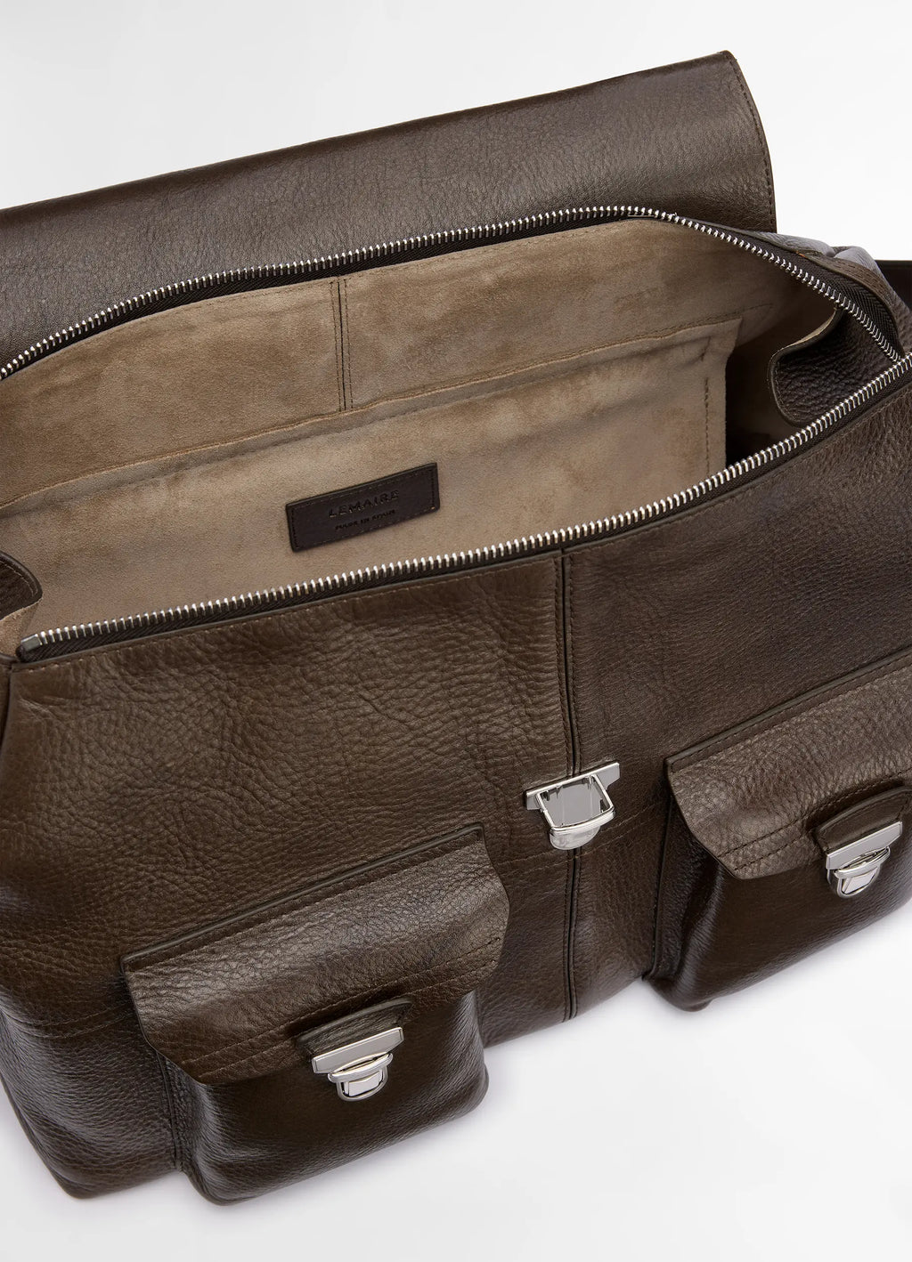 Week-end Gear Bag in Irregular Grained Leather, product shot, open top interior view two interior pockets visible