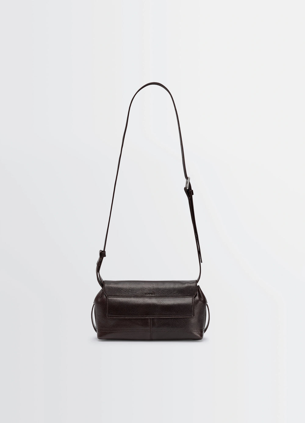 Lemaire Small Gear Bag in Glossy Vegetable-Tanned Leather, product shot, top-down view long strap hanging straight