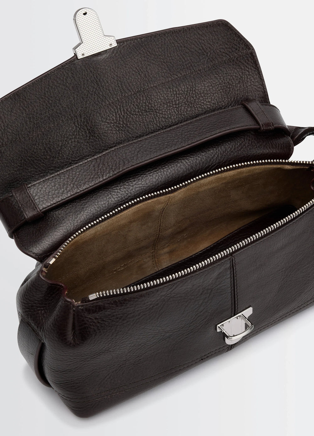 Lemaire Small Gear Bag in Glossy Vegetable-Tanned Leather, product shot, open top view inner compartment visible