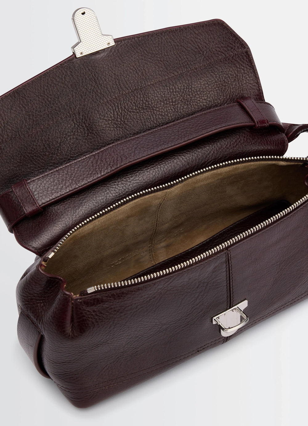 Lemaire Small Gear Bag in Glossy Vegetable-Tanned Leather, product shot, top open view interior view with clasp