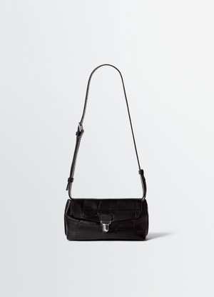 Small soft gear bag in black croco-embossed leather, product shot, front view flap with metal clip closure