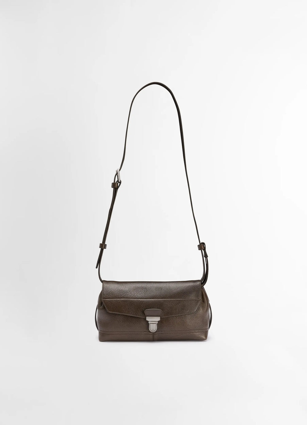 Lemaire Small Gear Bag in Irregular Grained Leather, product shot, Front view Adjustable removable strap